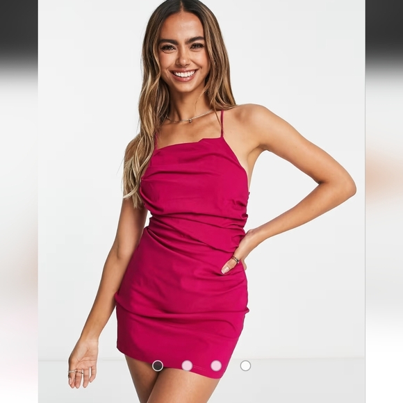 Pull&Bear Fuscia Halter Ruched Mini Dress Spaghetti Straps Sz M NWT - Picture 1 of 13